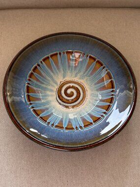 Handcrafted Large Pottery Bowl Blue Flower Artist Signed
